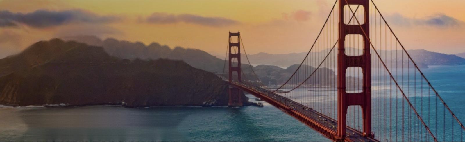 Golden Gate Bridge at sunset over San Francisco Bay